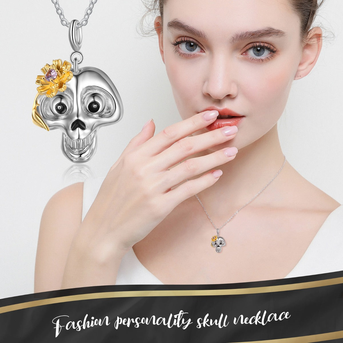 Halloween Birthstone Daisy Skull Pendant Necklace