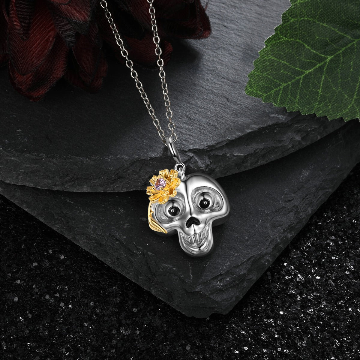 Halloween Birthstone Daisy Skull Pendant Necklace