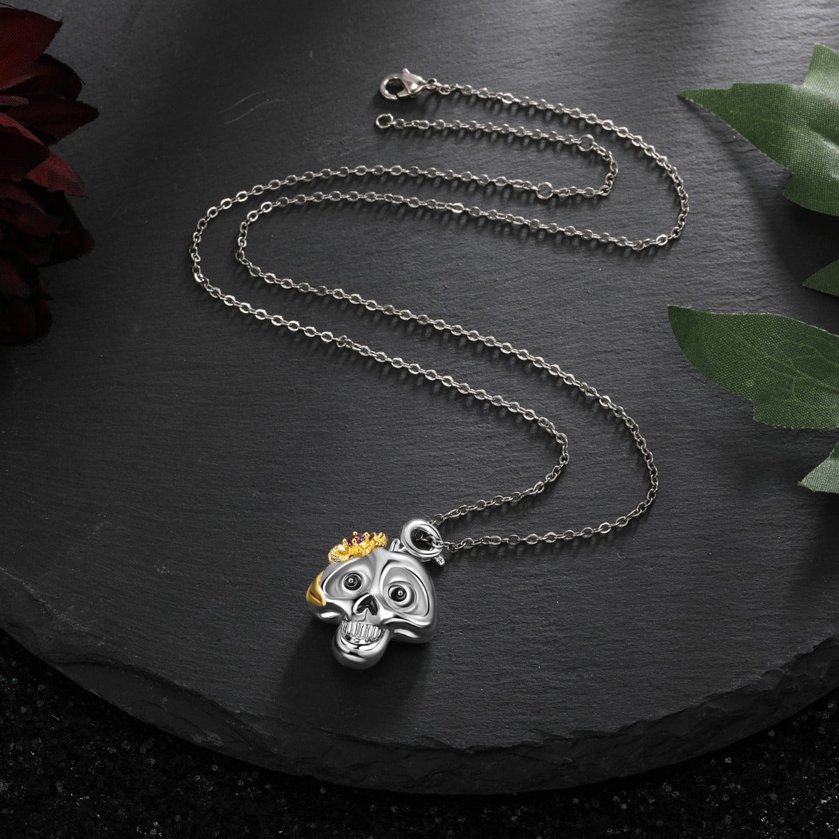 Halloween Birthstone Daisy Skull Pendant Necklace