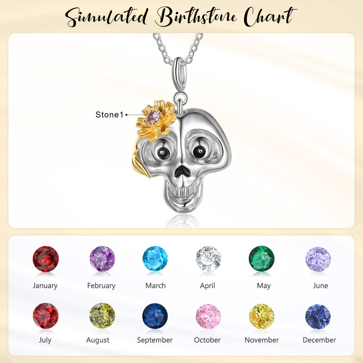 Halloween Birthstone Daisy Skull Pendant Necklace