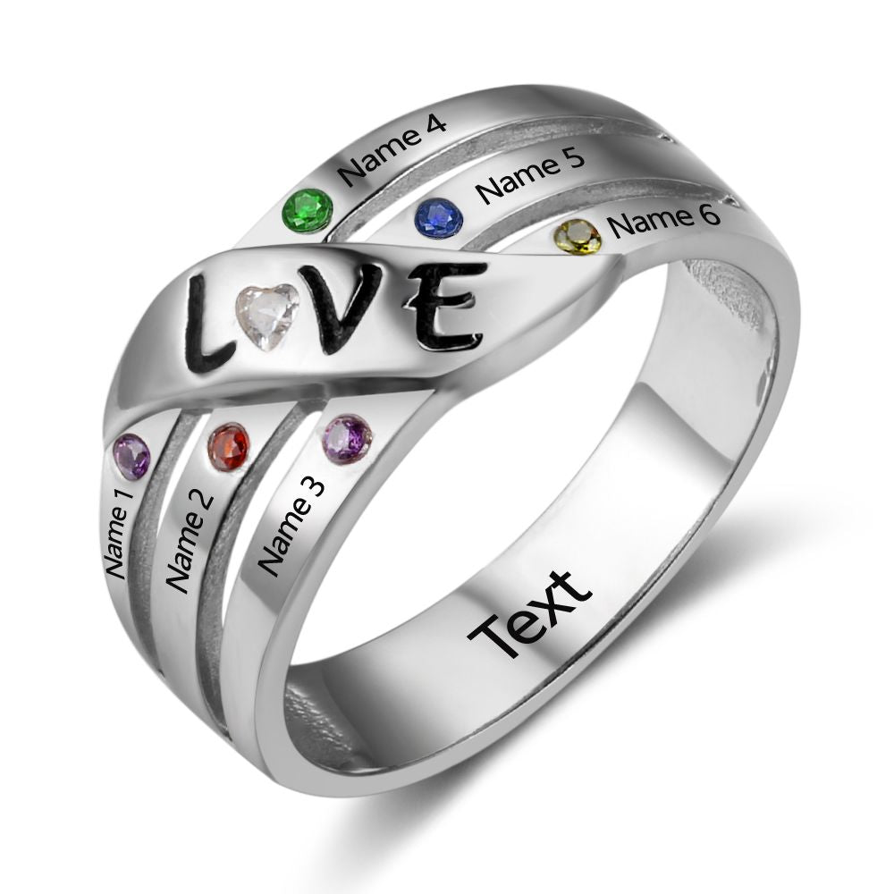 925 Sterling Silver Birthstone Ring, 925 Sterling Silver Personalized Birthstone Ring with six colorful gemstones