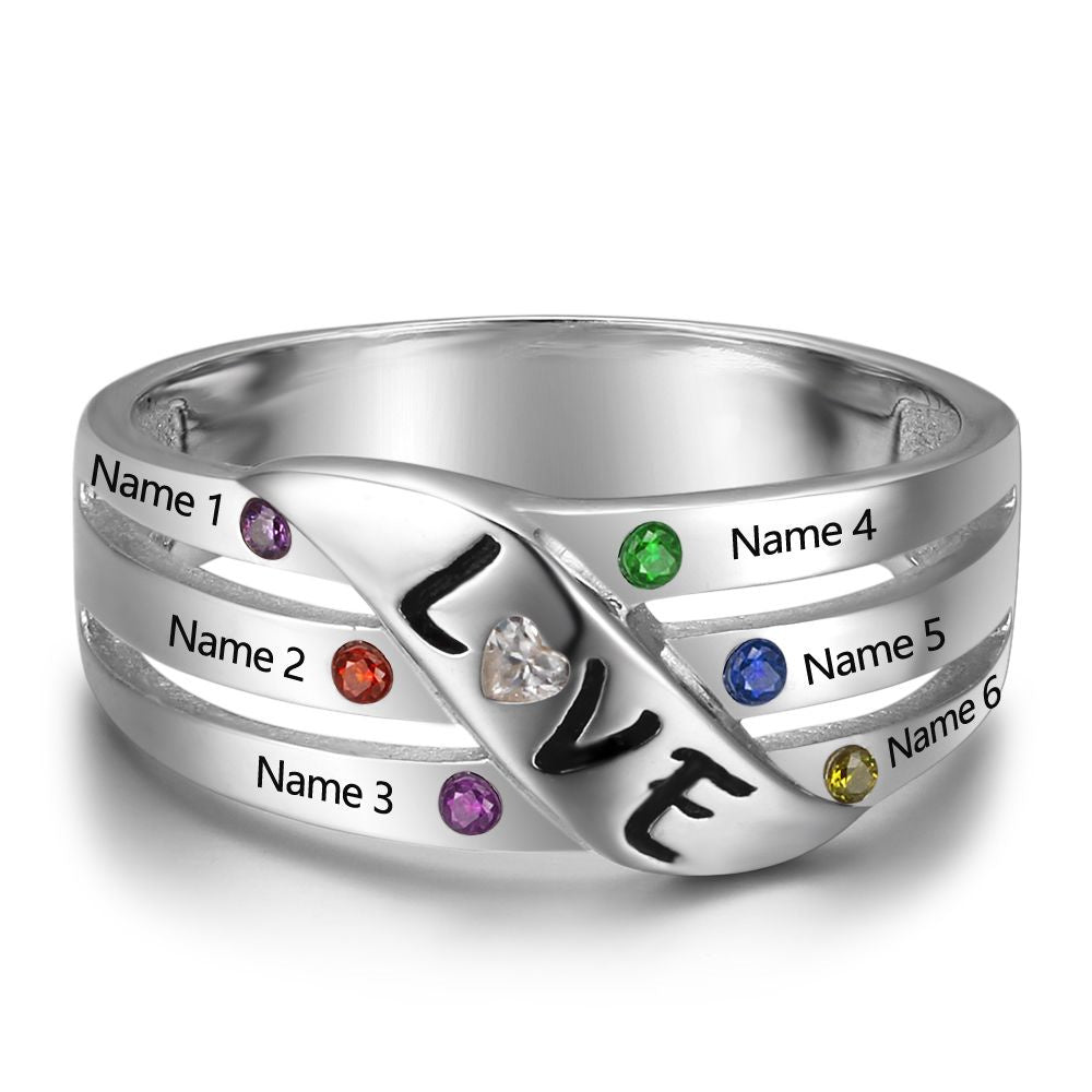 925 Sterling Silver Birthstone Ring with multicolored gemstones and "LOVE" engraving