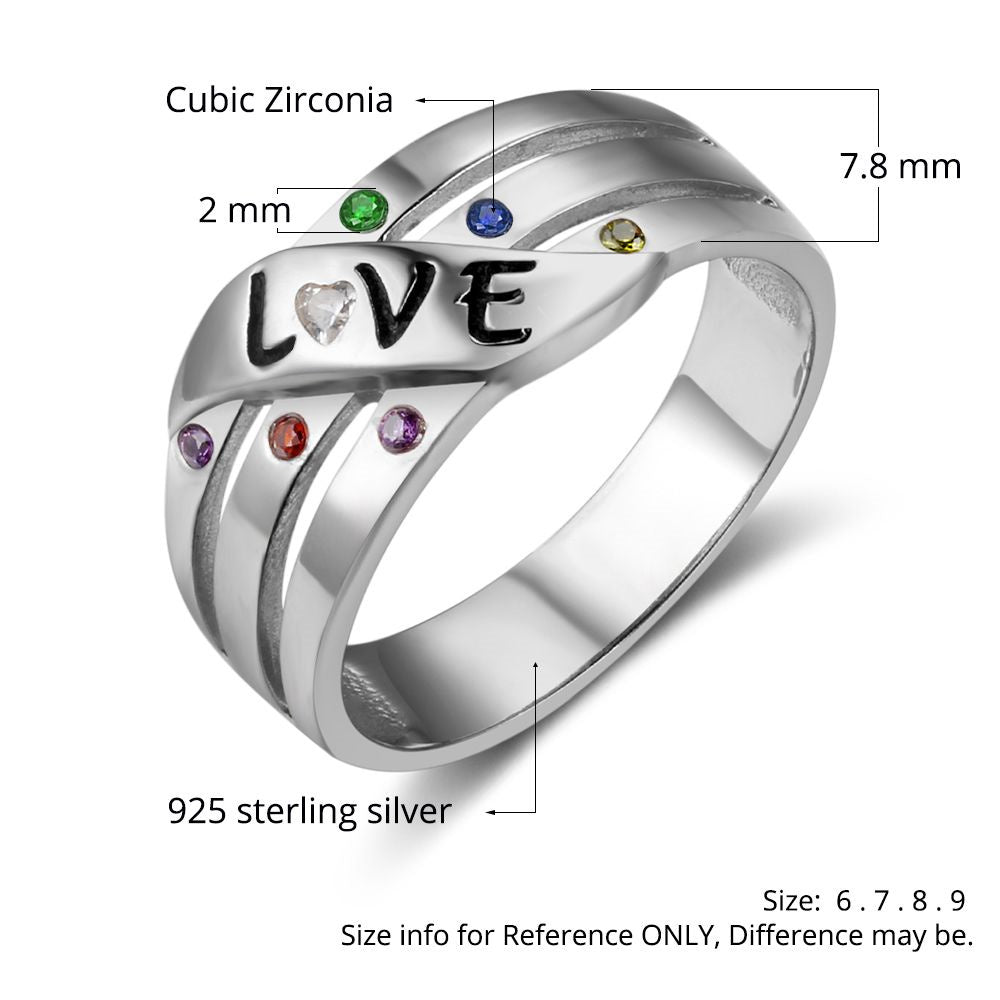 925 Sterling Silver Birthstone Ring with heart design and cubic zirconia gems