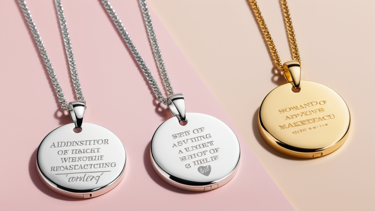 Custom necklaces layered on a neck with gold tones against a white top backdrop.