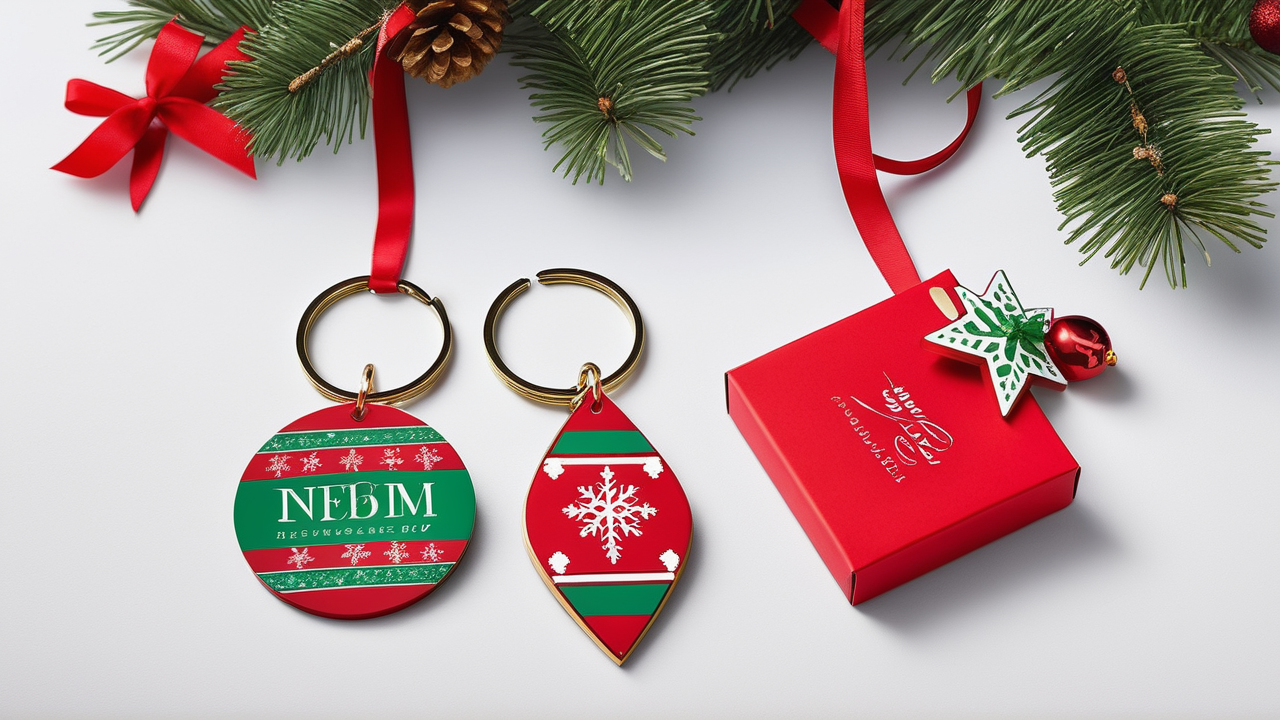 Double name plate necklace, Christmas keychains, snowflake, and gift box display