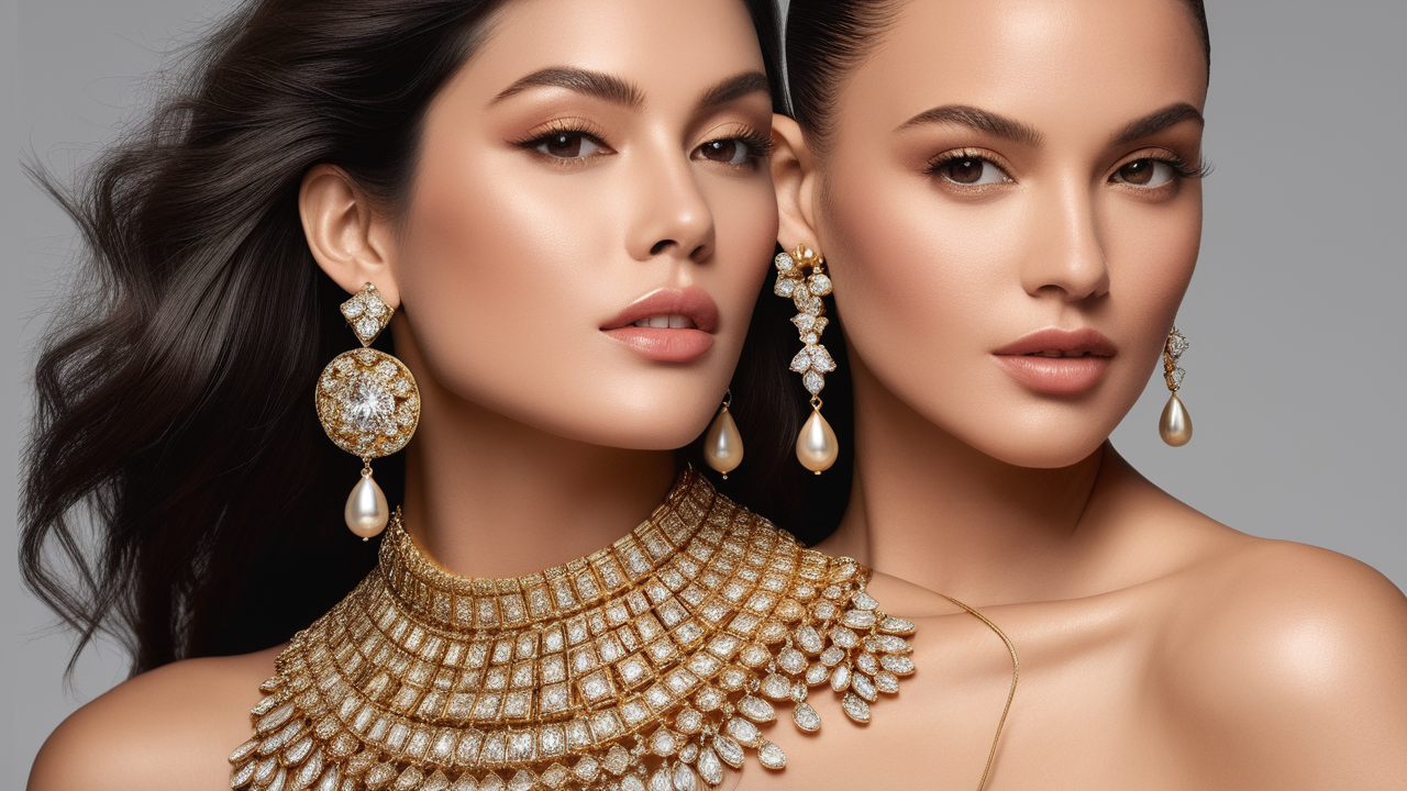 earrings with names, Celebrity Earrings: two women in opulent gold jewelry against a neutral background