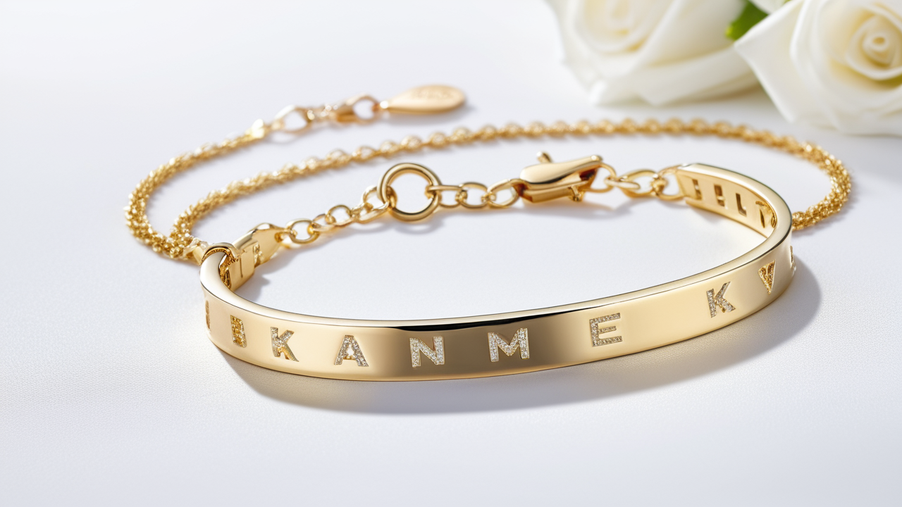 earring style, Gold Name Plate Jewelry necklace with geometric V-shaped pendant and layered chains.