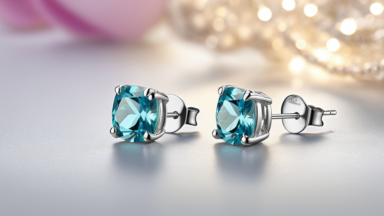jewelry earrings, Elegant earrings with vibrant blue gemstones in silver, set against pink flower backdrop.