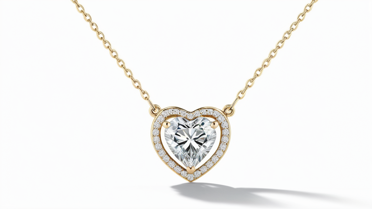 Heart-shaped diamond Photo Necklace on gold chain, no earring jewelry.