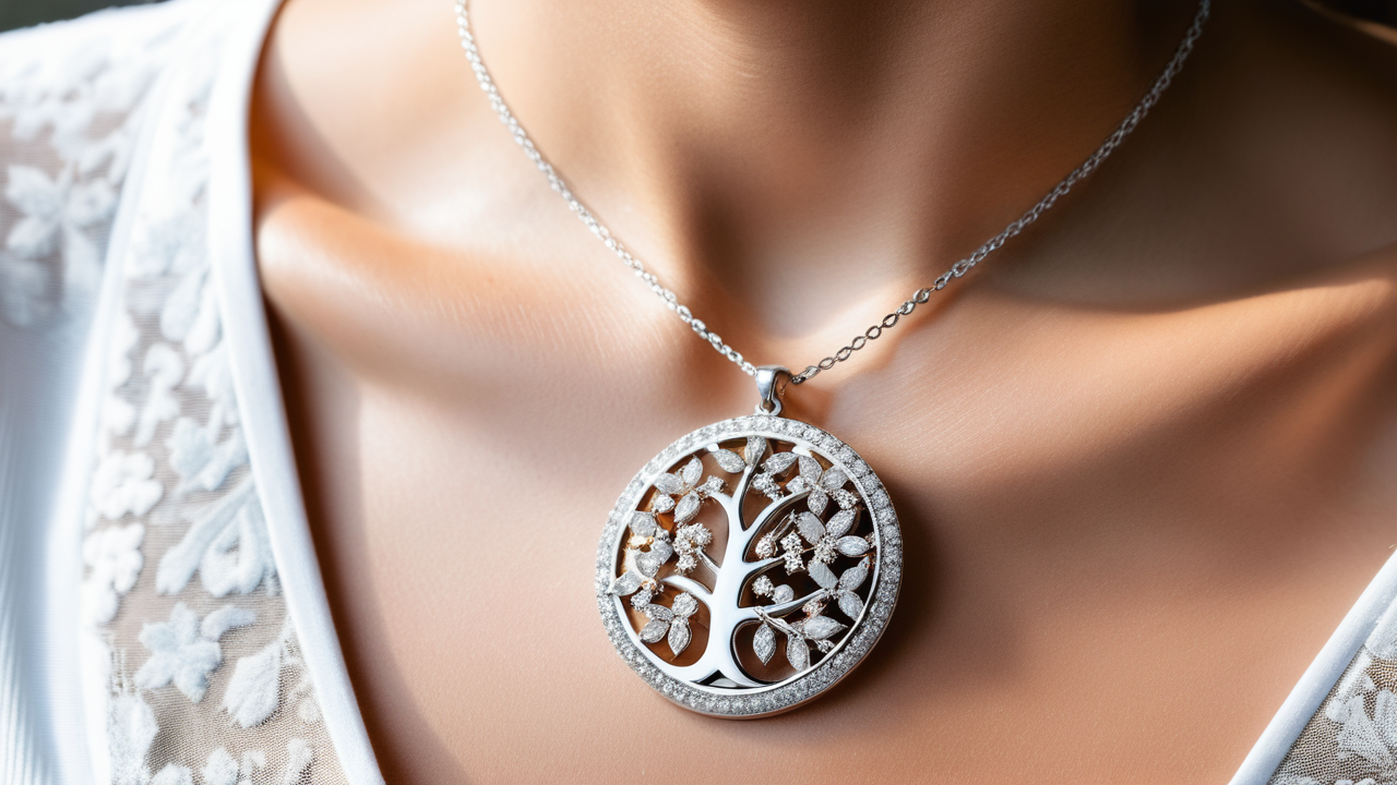 Christmas Necklace: Elegant silver heart-shaped pendant on a white top backdrop