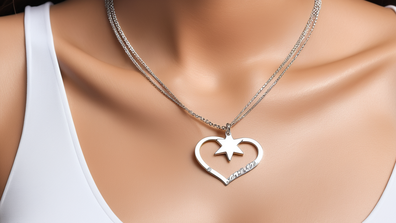 Silver nameplate necklace with heart pendant, star design, and love engraving.