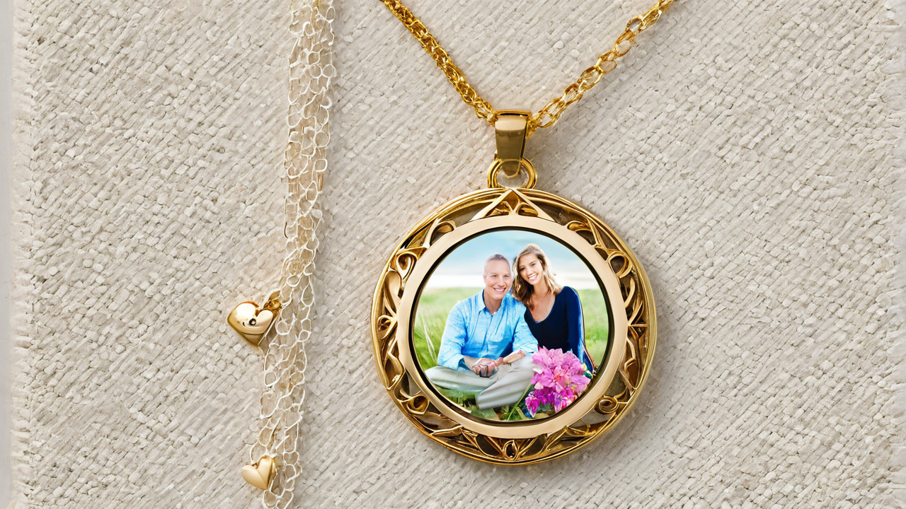 Gold photo necklace with heart charms, featuring a couple on a picture necklace