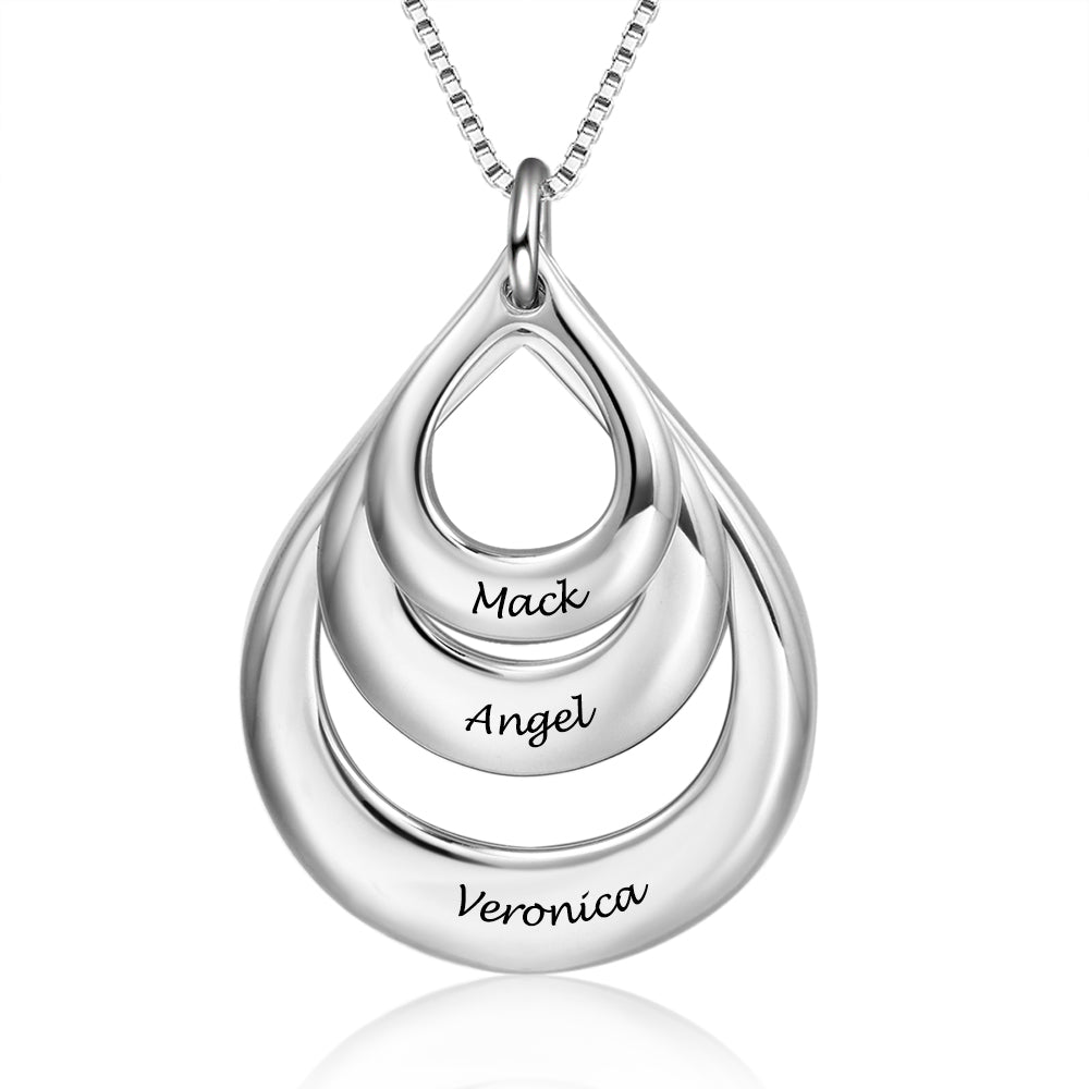 Silver Custom Circle Necklace with personalized names engraved on teardrop pendant