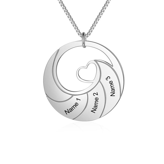 ring sound, silver personalized necklace with heart cutout and Name-labeled curved lines