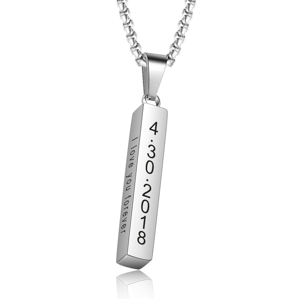 Father's Day stainless steel long strip necklace with thick chain and engraving, featuring options for birthstone, photo, and name customization