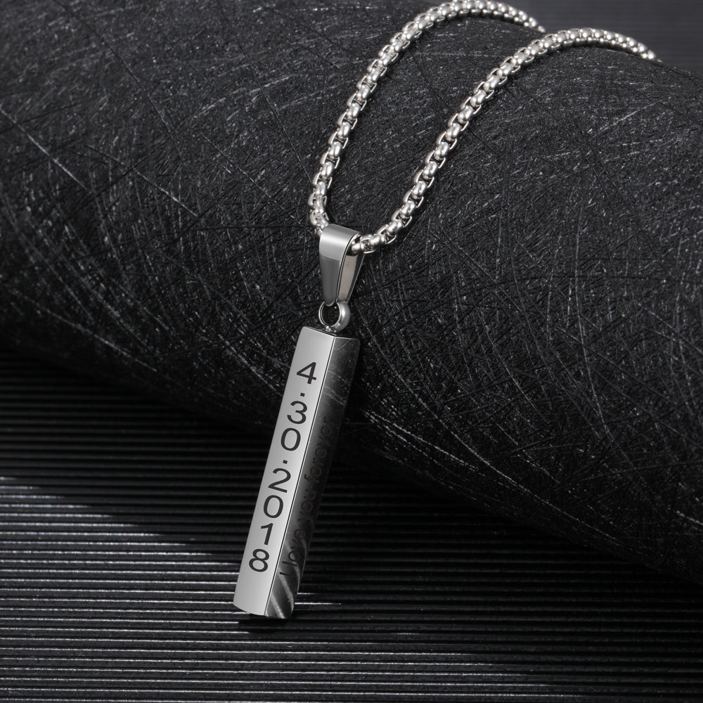 Father's Day stainless steel long strip necklace with thick chain and engraving, featuring options for birthstone, photo, and name customization