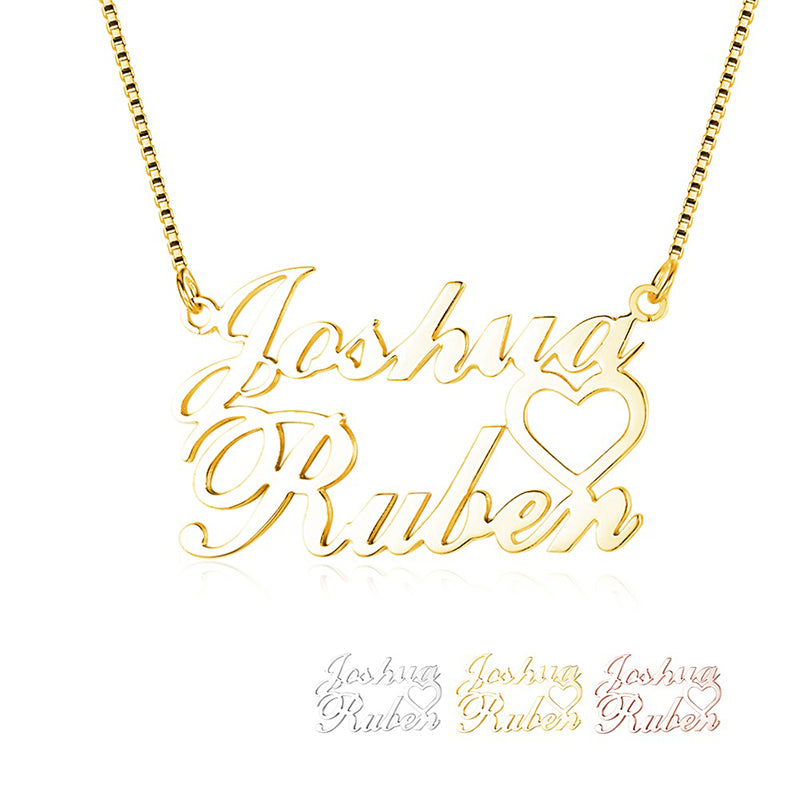 ring, Gold name necklace with "Joshua" and "Ruben" and a heart symbol on white background