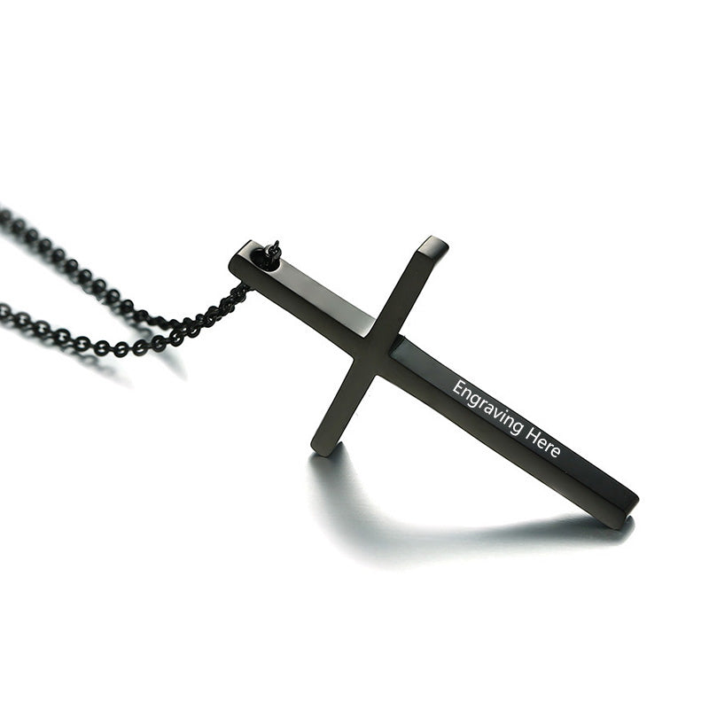 Custom Cross Necklace with black pendant and chain on white background
