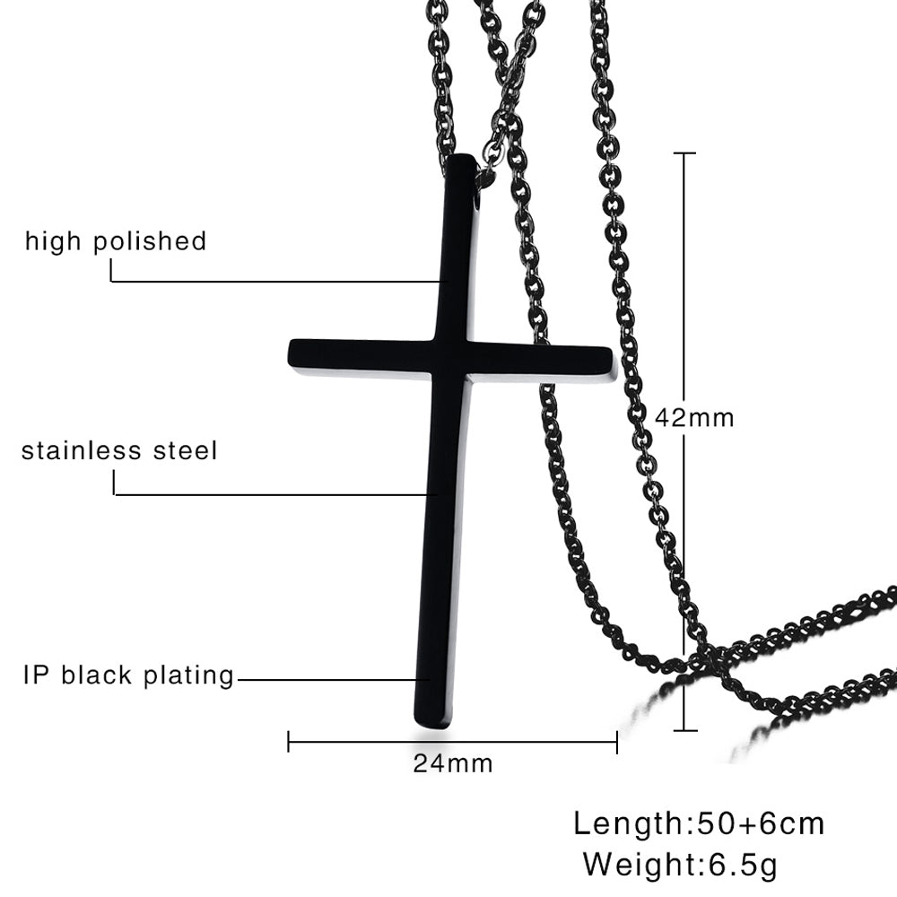 Custom Cross Necklace in black stainless steel with adjustable chain on white background
