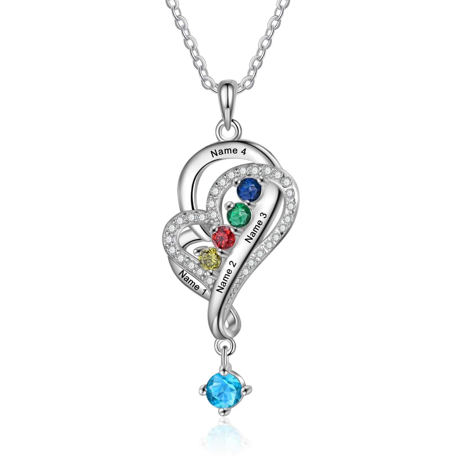 Silver heart necklace with gemstones and earring jewelry on white background