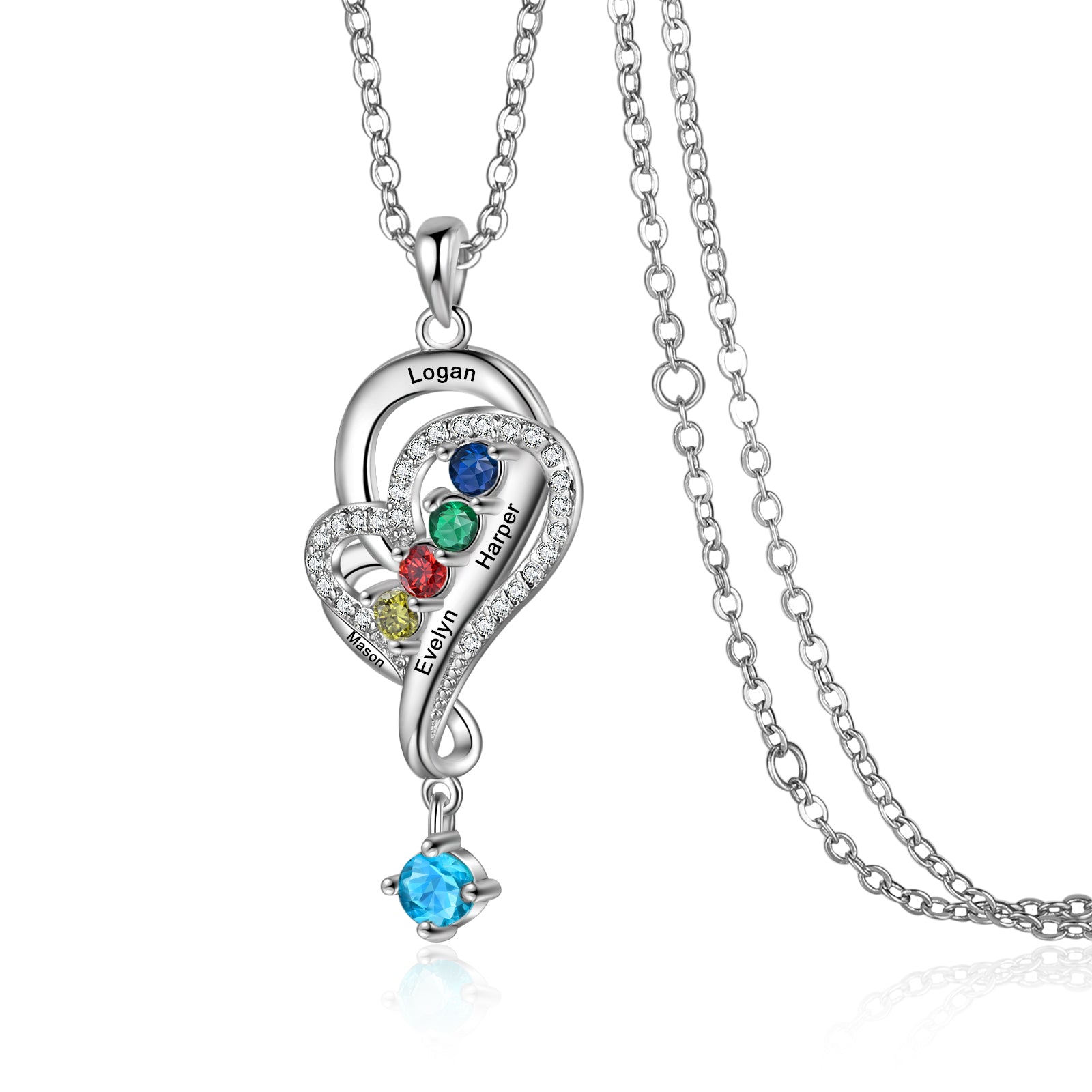 bracelet, silver heart-shaped pendant necklace with gemstones, personalized jewelry focus