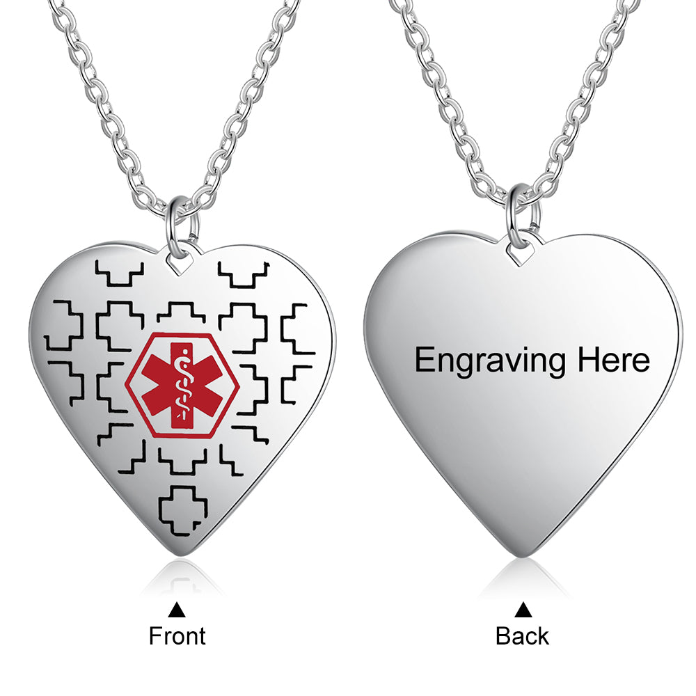 Silver photo ring with medical alert necklace, heart pendants, red cross emblem