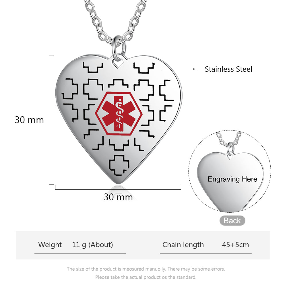 jewelry earrings, Heart-shaped Medical ID Necklace with red cross on stainless steel pendant.