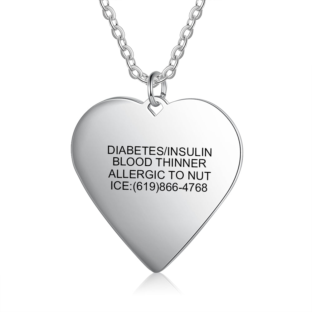 earrings gift, Heart-shaped medical alert necklace with engraved emergency medical details.