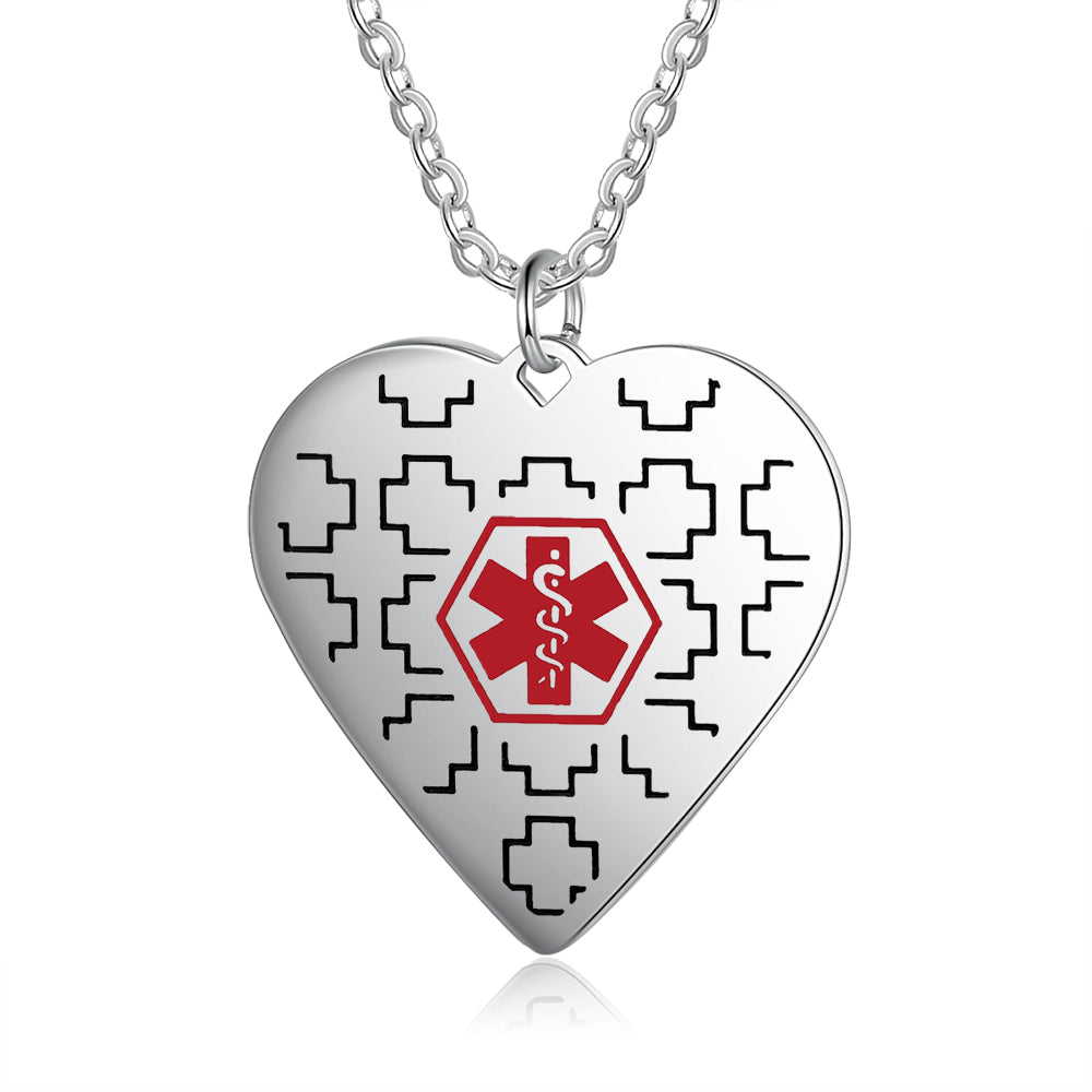 heart photo necklace, silver heart photo medical alert necklace with red cross design on white background