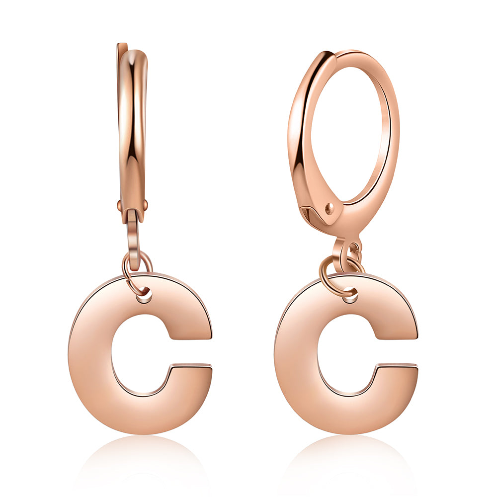 birthday stone, Rose gold custom initial earrings with letter 'C', elegant and polished design.