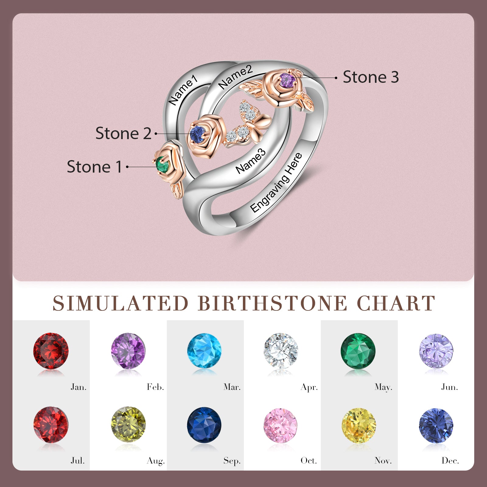 S925 Silver Birthstone Rose Flower Ring