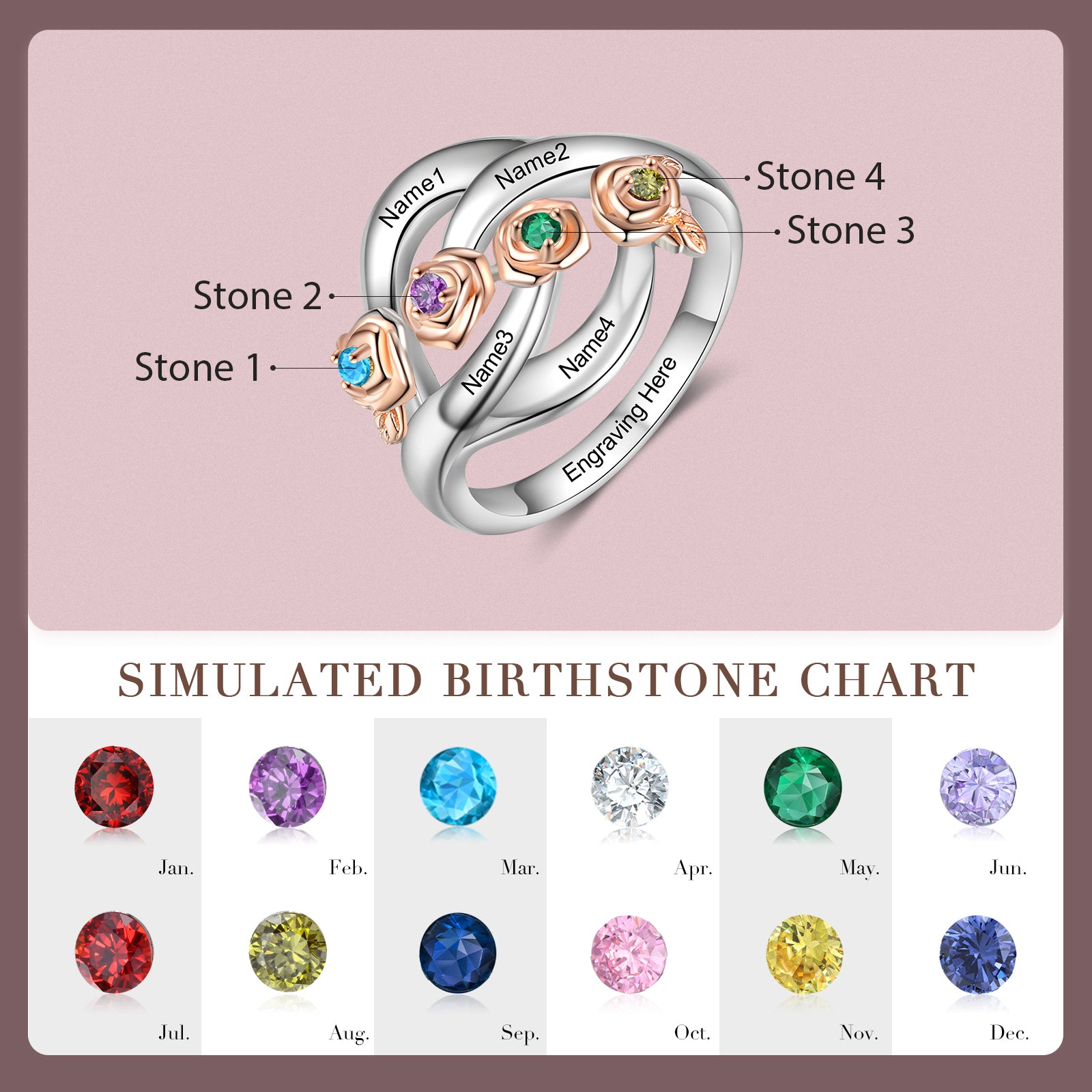 S925 Silver Birthstone Rose Flower Ring