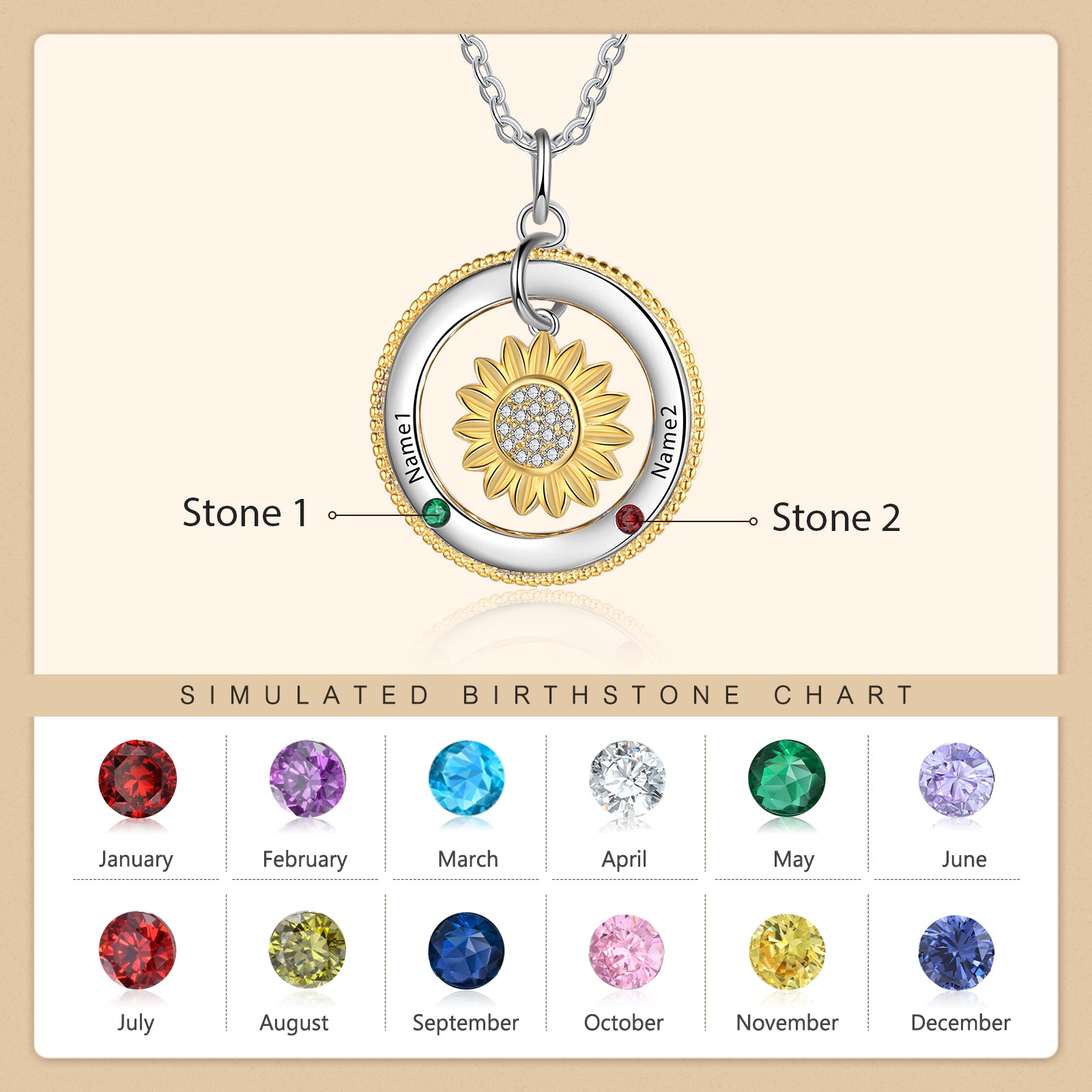 Birthstone & Engraved Rhodium plated Necklace