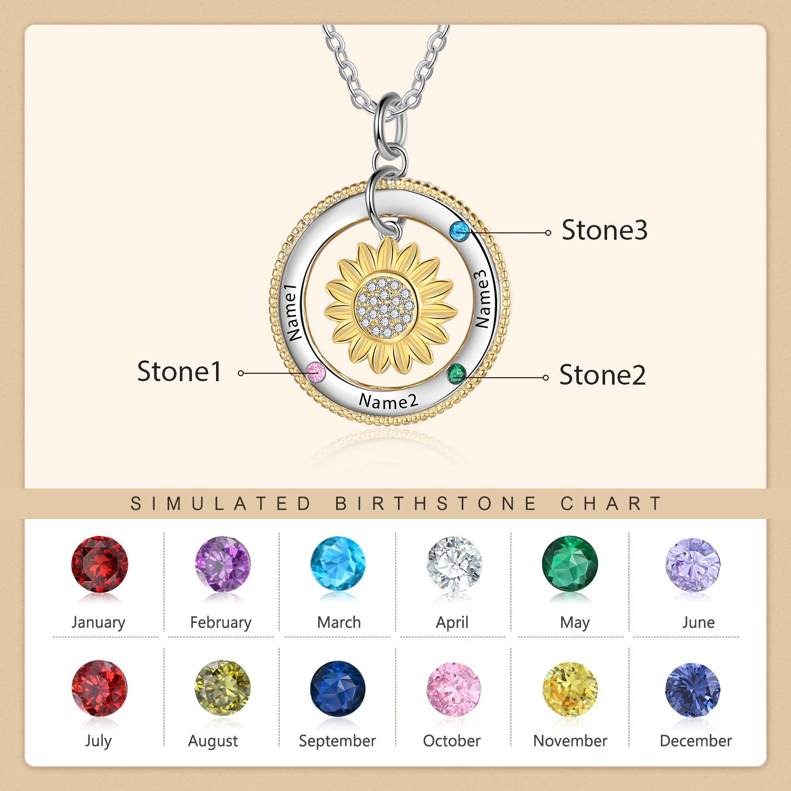 Birthstone & Engraved Rhodium plated Necklace