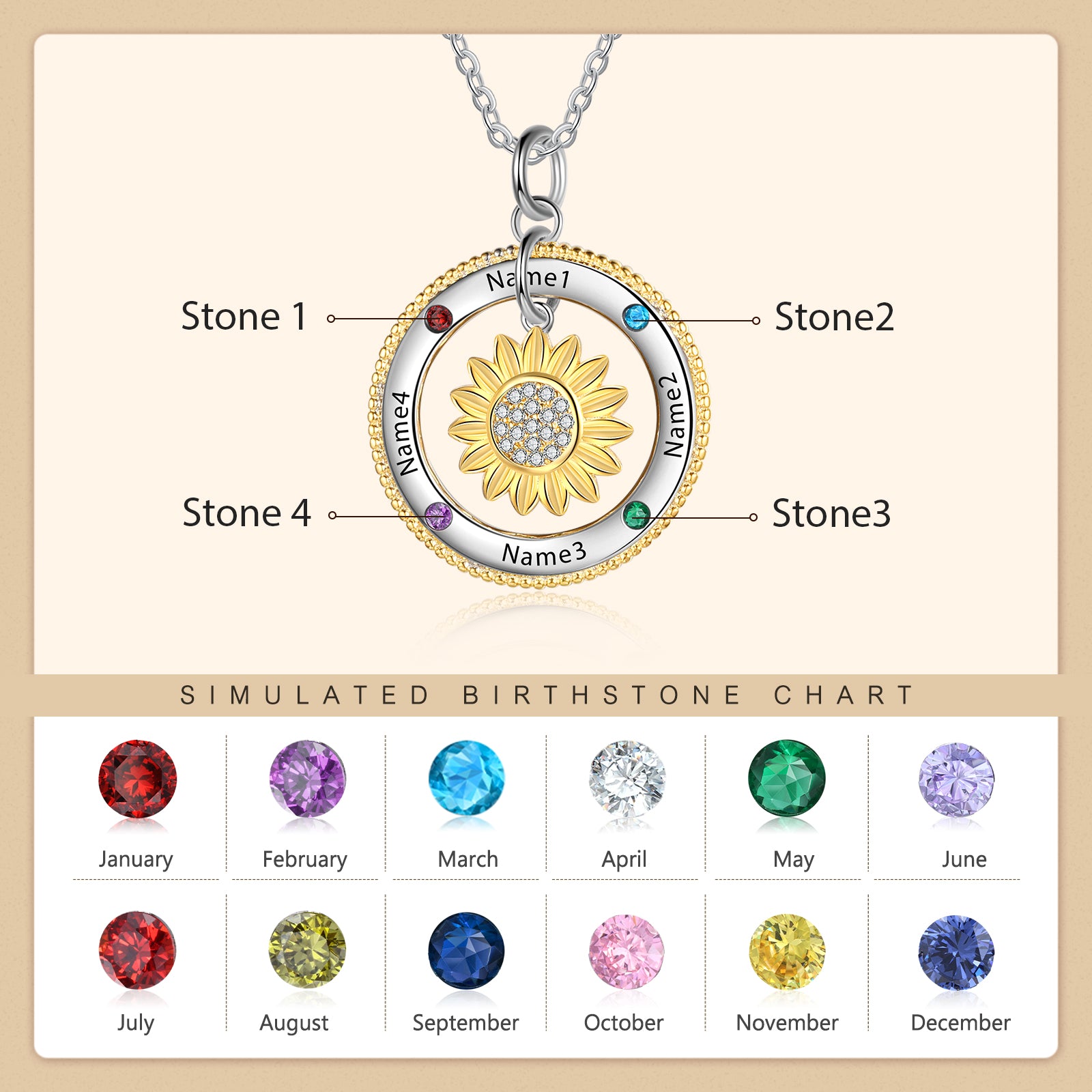 Birthstone & Engraved Rhodium plated Necklace