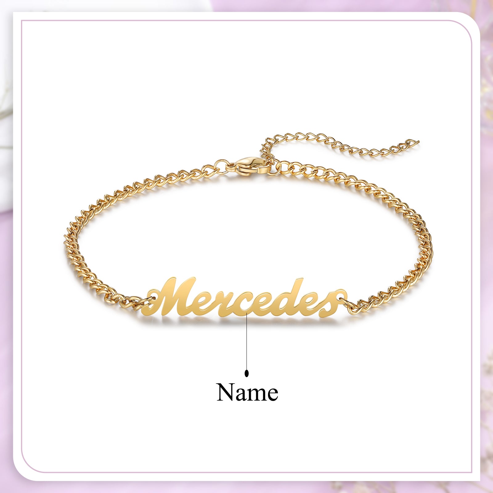 ring sound, Gold bracelet with "Mercedes" personalized pendant, chain link design