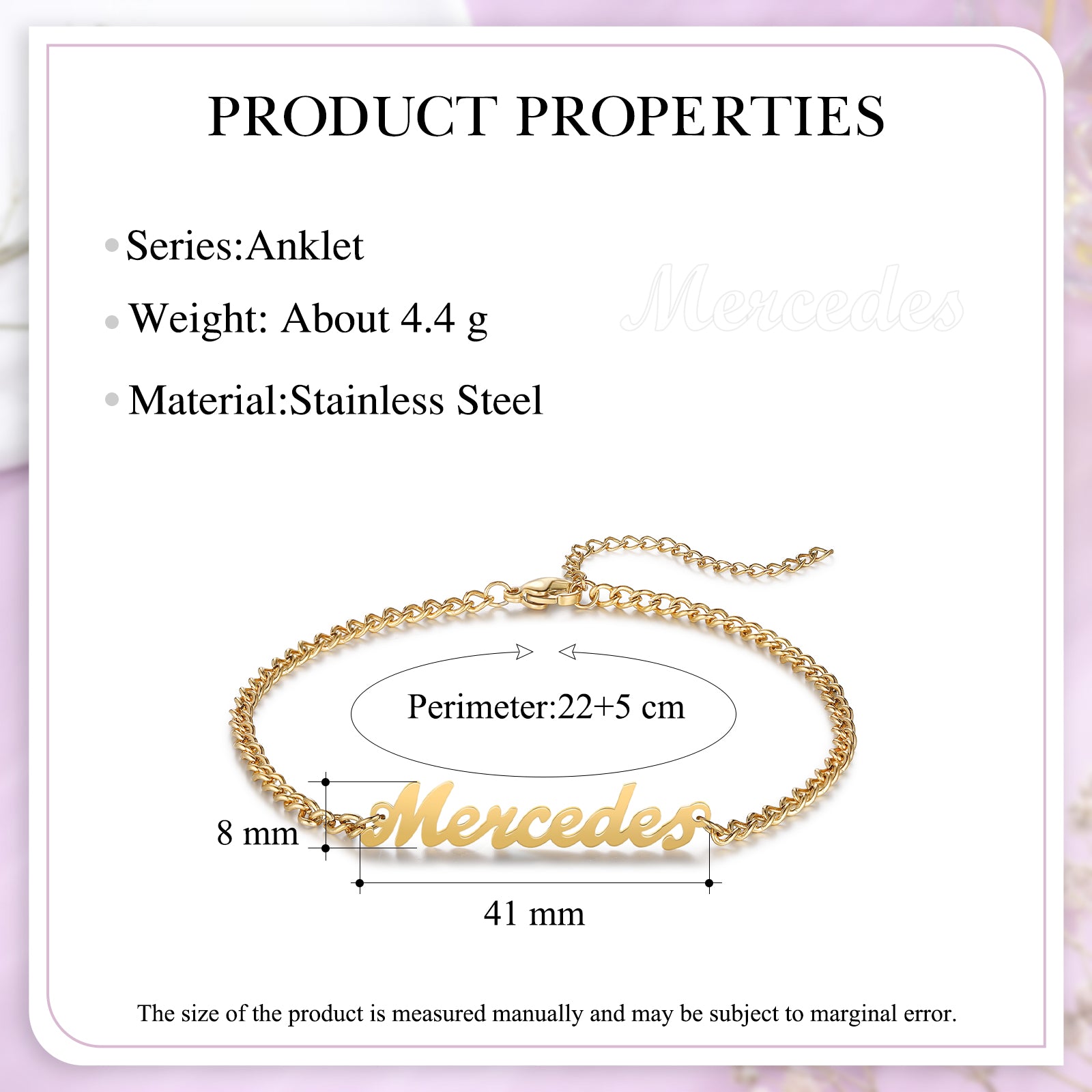 gold Mercedes birthstone necklace, personalized anklet, stainless steel bracelet