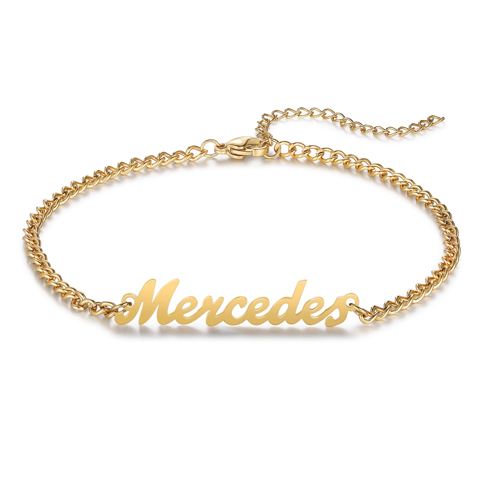 birthdate necklace, Gold chain bracelet with "Mercedes" cursive bar, personalized anklet style.