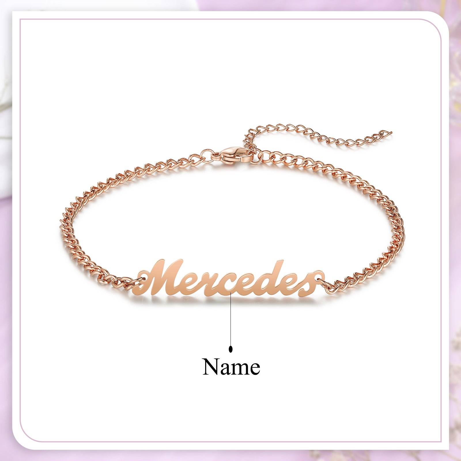 stone bead necklace, Rose gold personalized anklet with engraved "Mercedes" on white background