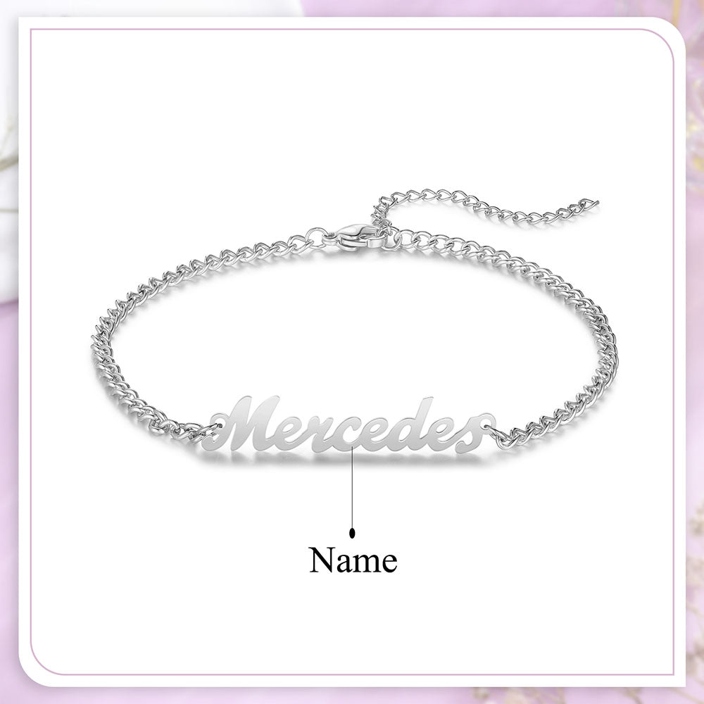 Silver name anklet bracelet gift featuring "Mercedes" in cursive, earrings gift.