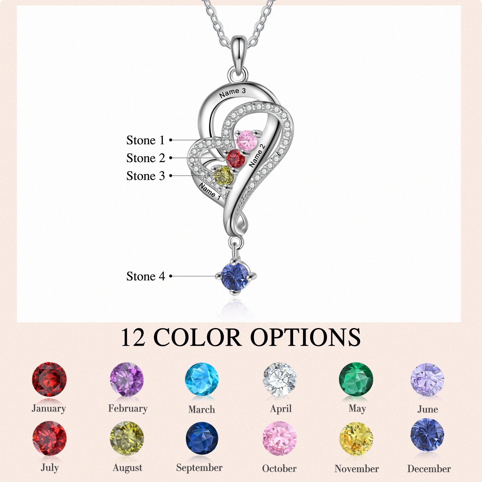 ring, Silver heart necklace with birthstones on pink background, customizable colors