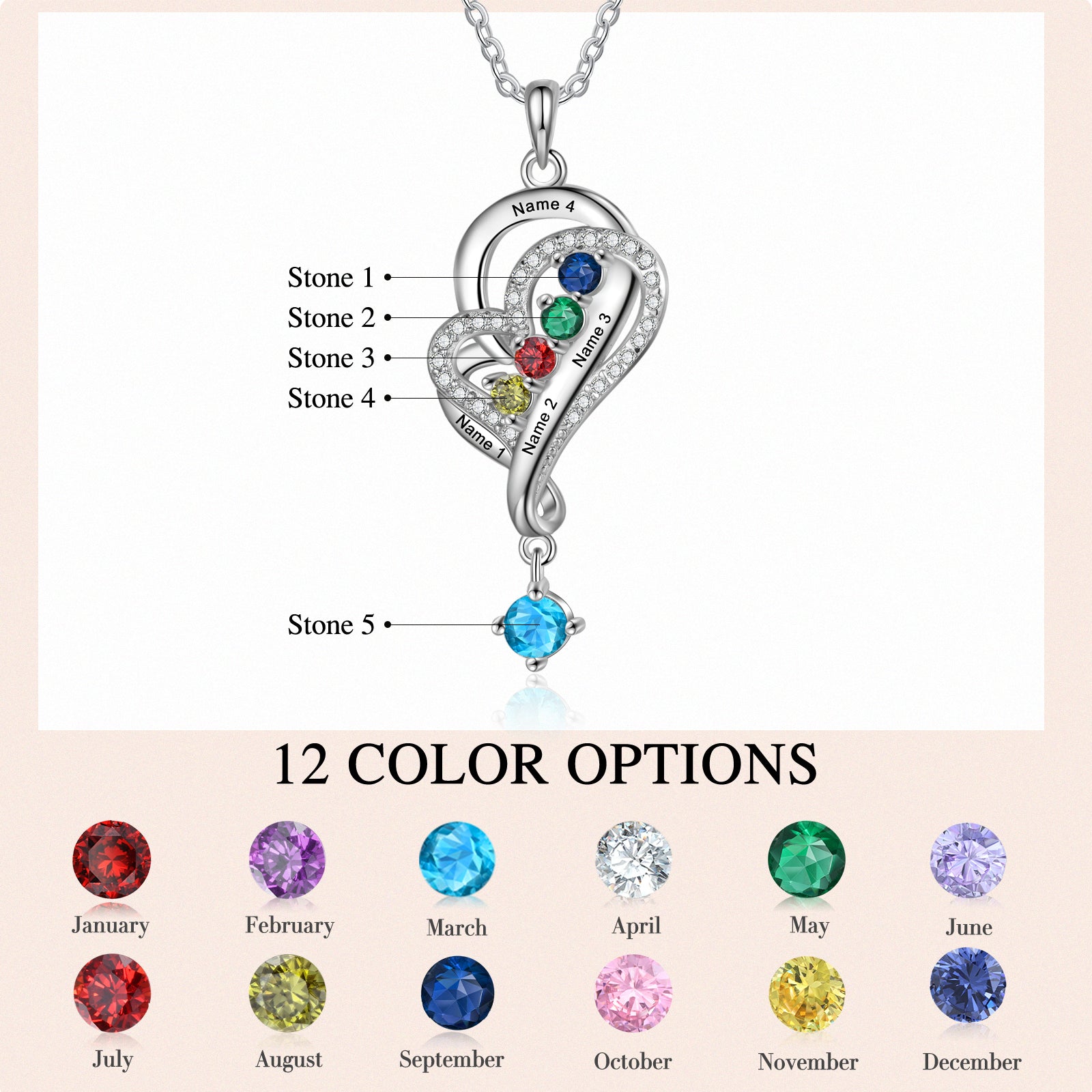 name ring, Silver heart necklace with customizable birthstone options, "12 Color Options" text