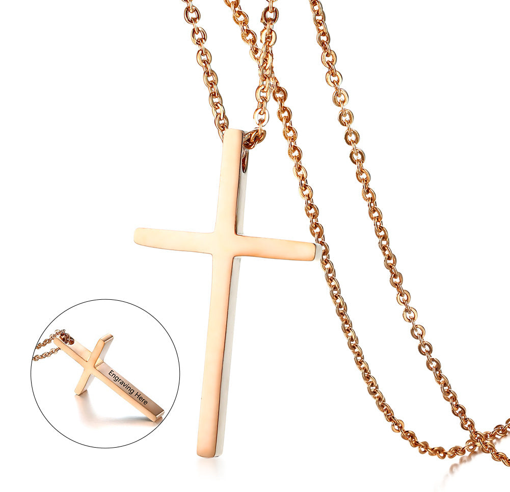 Custom Cross Necklace in rose gold on a delicate chain against a white backdrop