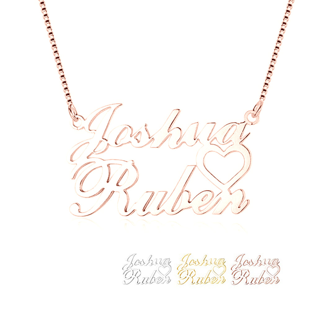 name earrings, Rose gold personalized necklace with Joshua and Ruben names entwined in a heart shape.