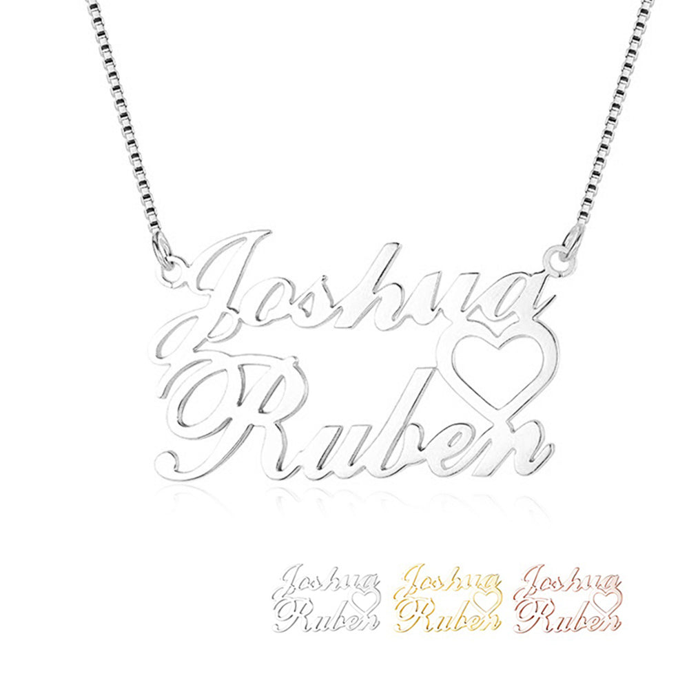 photo ring, silver personalized necklace with Joshua and Ruben in cursive separated by heart