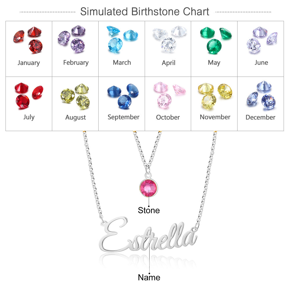 Custom Birthstone ＆ Engraved Name Necklace
