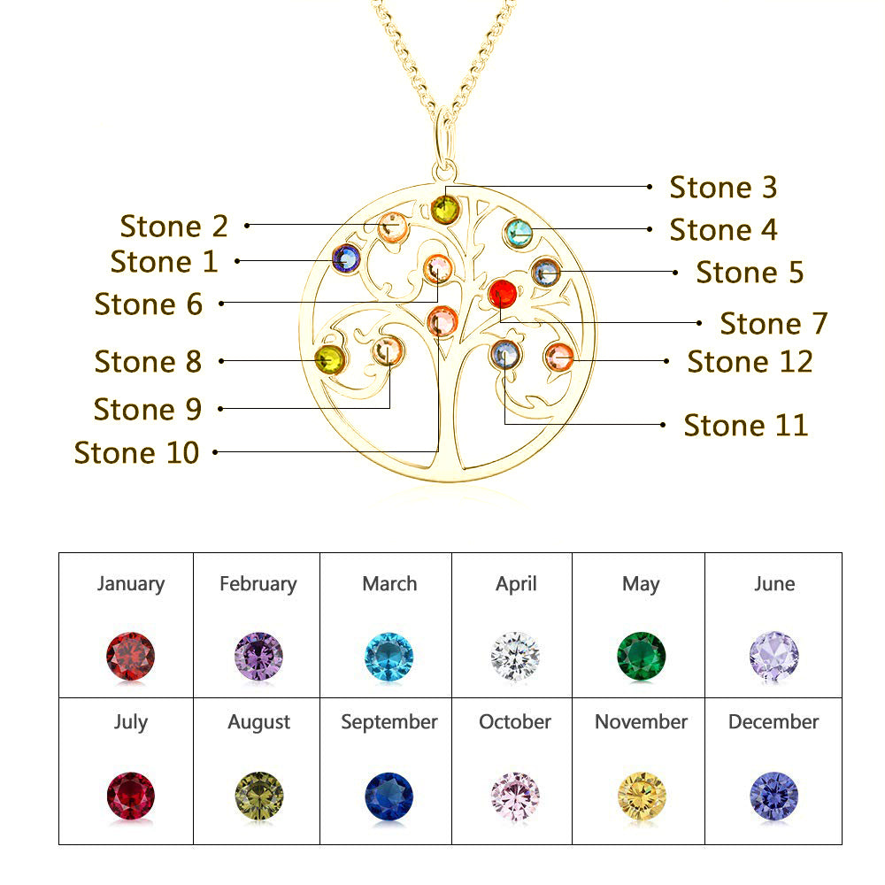 925 Sterling Silver Family Tree Necklace, Gold family tree necklace with multicolored gemstones on each leaf against white background.