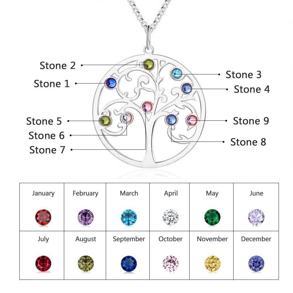 925 Sterling Silver Family Tree Necklace with vibrant birthstone gemstones on white background