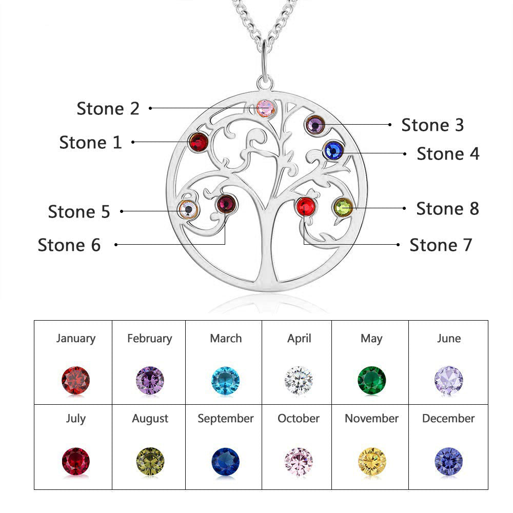 925 Sterling Silver Family Tree Necklace with multicolored gemstones on white background