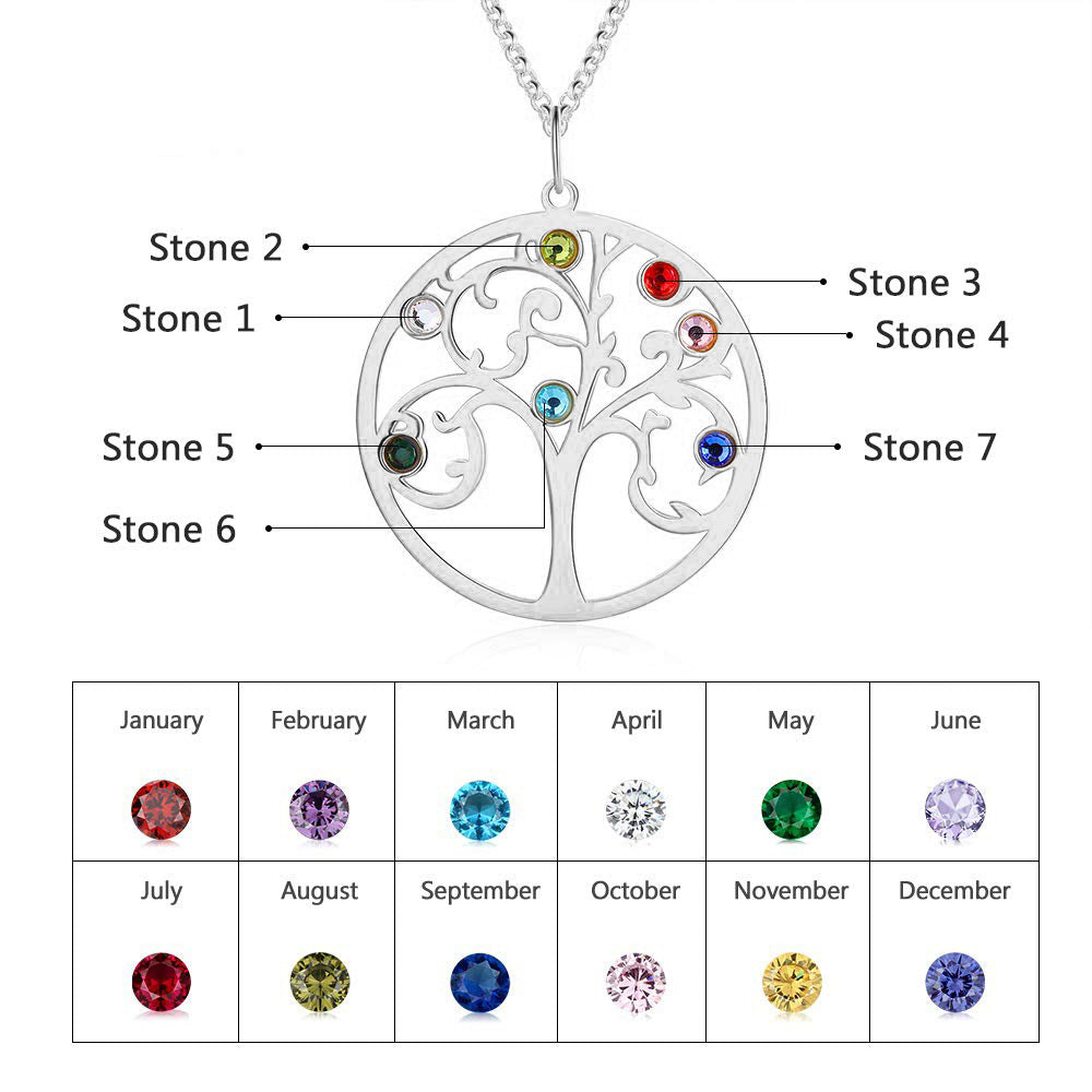 925 Sterling Silver Family Tree Necklace with colorful gemstones and month correlation table